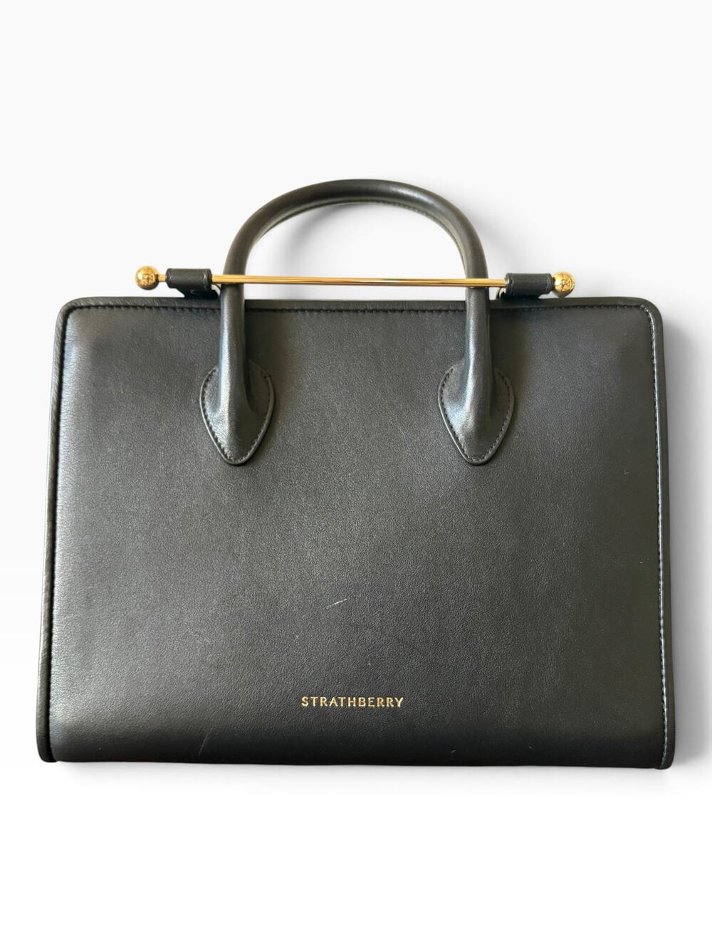 Strathberry Midi Tote Black Leather Gold Hardware Shoulder Bag w/ Strap